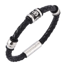 Punk Men Black Leather Woven Bracelet Personality Skull Beads Stainless Steel Magnetic Clasp Braided Male Wrist Band Jewelry 2024 - buy cheap