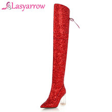 Lasyarrow Brand Shoes Woman Sexy Lace Up Over the Knee High Boots High Heel Pointed Thigh High Boots Gold Silver Bling Long Boot 2024 - buy cheap