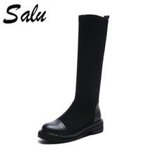 Salu botas femininas de salto quadrado e baixo, sapatos de couro preto com salto redondo, tamanhos 34-41 2024 - compre barato