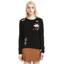 Suéter feminino plus size de malha, blusão feminino bordado de manga comprida com gola redonda 2024 - compre barato