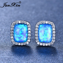 JUNXIN Female Wedding Earrings Blue White Green Fire Opal Stud Earrings For Women Silver Color Zircon Earrings 2024 - buy cheap