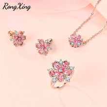 RongXing Elegant Pink Zircon Flower Jewelry Sets for Women Silver Color Necklace Stud Earrings Ring Female Wedding Bridal Set 2024 - buy cheap