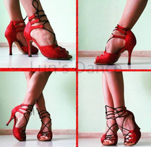 Обувь для латиноамериканских танцев, танцевальная обувь на высоком каблуке с блестящими красными блестками для сальсы 2024 - купить недорого