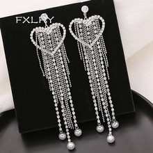 FXLRY Romantic White/Gold Color Micro Paved Zircon Long tassel love heart pearl Earrings for women Fashion Jewelry 2024 - buy cheap