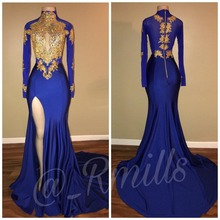 Vestido De fiesta azul real De sirena, manga larga con abertura, Sexy, De encaje con cuentas, De talla grande 2024 - compra barato