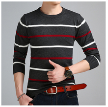 Suéter social de algodão masculino, blusão fino casual com crochê listrado suéter de malha para homens roupas justas 2024 - compre barato