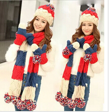 2016 Hot New Year gift new women snow hats \glove\scarf\ three-piece keep warm christmas gift with ball Knitting scarfs tops 2024 - buy cheap