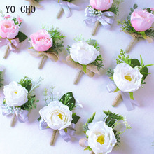 YO CHO White Pink Wedding Wrist Corsages Flower Suit Wedding Decor Silk Rose Groom Flower Boutonnieres Marriage Prom Brooch Pins 2024 - buy cheap