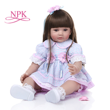 NPK60CM lifelike reborn toddler baby silicone girl doll with long brown stright hair in Blue plaid dress doll toy Christmas Gift 2024 - buy cheap