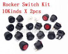 20Pcs 23mm Round Rocker Switch Kit 2pin 3pin 4pin 10A/125V 6A/250V AC 2/3 Position SPDT DPDT ON-OFF-ON/ ON-OFF 10kinds X 2pcs 2024 - купить недорого