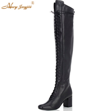 Nancyjayjii mujeres invierno negro plisado y gris oscuro bandada punta redonda tacones cuadrados rodilla botas altas zapatos para Mujer Plus tamaño 4-16 2024 - compra barato