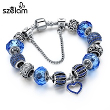 Szelam Diy Crystal Heart Charm Bracelets Women With Blue Murano Beads Silver Jewelry Pulsera SBR160255 2024 - buy cheap
