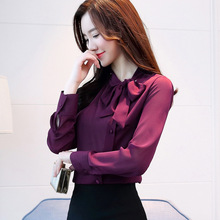 Женская шифоновая блузка с длинным рукавом, однотонная фиолетовая Деловая блузка с бантом, весна 2019 2024 - купить недорого