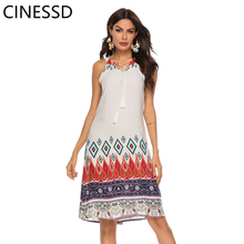 CINESSD Marinha Vestido Da Cópia Da Flor Solta Sexy Halter Mangas UMA Linha Empate Balanço Ocasional Boêmio Vestido Sem Costas Praia Vestido de Verão 2024 - compre barato