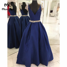 2018 Navy Blue Long Evening Dresses Double Deep V-Neck Satin Short Sleeve Vestido Longo Beaded Formal Evening Party Dress 2024 - buy cheap