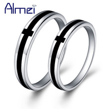 Almei anel de casamento masculino j030, joias com 2 peças de anéis na moda, cruz preta, cor prata, bijuterias para mulheres e homens 2024 - compre barato