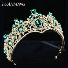 Barroco coroa de ouro & tiara noiva headbands coroa de cristal verde strass jóias de cabelo concurso baile de formatura feminino cabeça acessórios 2024 - compre barato