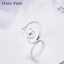 Uini-Tail популярное новое кольцо из стерлингового серебра 925 пробы с розовой вишневой микро-инкрустацией, корейское модное кольцо с простым милым цветком ED226 2024 - купить недорого