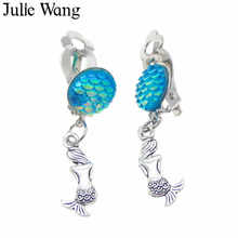 Julie Wang 1 Pair Handmade Resin Mermaid Fish Scale Cabochon Alloy Mermaid Ear Clip DIY Women Girls Clip Earrings Jewelry 2024 - buy cheap