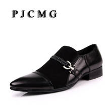 Мужские повседневные классические туфли PJCMG, черные туфли из натуральной кожи, без застежек, с острым носком, из нубука, на плоской подошве 2024 - купить недорого