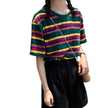  Summer Tops Women\'s harajuku Casual T Shirt Short Sleeve O-Neck Rainbow Striped Flower Loose Tee camisetas verano mujer 2024 - buy cheap