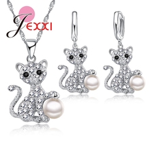 Cute Cat With Fine CZ Crystal  And Pearl Ball 925 Sterling Silver Fashion Jewelry Set With Necklace/Earings Wholesale 2024 - buy cheap