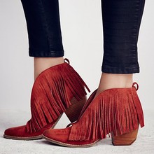 Vintage chunky high heels suede leather woman ankle boots V sharpe fringe bota feminina red black cowboy boots shallow botines 2024 - buy cheap