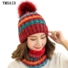 Simpli Woman Knit Beanie Hat and Scarf Set Hairball Pompom Hats Female Thick Hat Winter Warm Cute Girls Fashion Cap Collar Suit 2024 - buy cheap