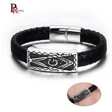 Punk Masonic Bracelets for Men Stylish Black Genuine Leather Wrap Bracelet Bangle 8.66" pulseira masculina 2024 - buy cheap