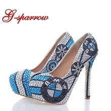 New Designer High Heel Shoes Handmade Crystal Platform Pumps Silver with Blue Rhinestone Wedding Shoes Bridal Party Prom Shoes 2024 - buy cheap