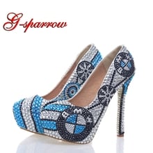 Zapatos de tacón alto con plataforma de cristal hechos a mano, zapatos de boda plateados con diamantes de imitación azules, zapatos de novia para fiesta de compromiso, nuevo diseño 2024 - compra barato