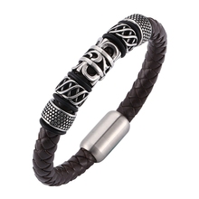 Único masculino jóias punk marrom trançado couro vintage pulseira de aço magnético fecho pulseira personalidade homem bracalete sp0139 2024 - compre barato