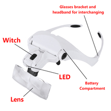 Headband Magnifying Glass Eye with 2 LED Light Adjustable 1.0/1.5/2.0/2.5/3.5X 5 Lens Glasses Loupe Optical Lens Jewelry Repair 2024 - buy cheap