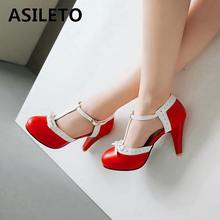 Asileto-sapatos de salto alto feminino, plus size, 32 a 44, bico redondo, calçado plataforma com laço, festa, casamento, alça 972 2024 - compre barato