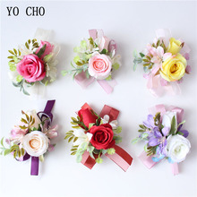 YO CHO Bridal Corsages Groom Wedding Boutonniere Artificial Silk Rose Wrist flowers White Pink Bracelet Prom Party Meeting Decor 2024 - buy cheap