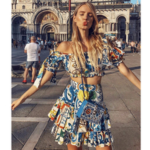 2019 New Design Runway Sweet Glaze Holiday Style Bow Short Jacket Printed Crop Tops+cake Skirt Two Piece Sets Women Suit Dress 2024 - buy cheap