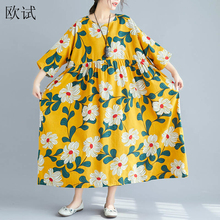 Plus Size Print Floral Cotton Linen Dress Women Yellow Ladies Dresses Summer Casual Loose Long Flower Dress 4XL 5XL 6XL 7XL 2019 2024 - buy cheap