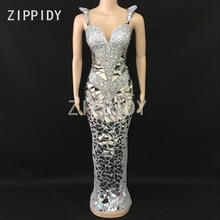 Vestido largo con diamantes de imitación plateados para mujer, traje brillante para fiesta de cumpleaños, discoteca, cantante, Sexy, para escenario 2024 - compra barato