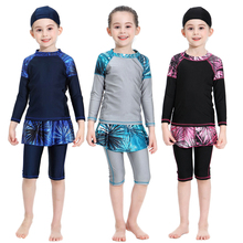 Muçulmano crianças verão roupa de banho cobertura total três peças boné + top + calça legging impressão elegante traje de banho islâmico para meninas 3-15 anos 2024 - compre barato