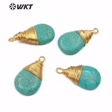 WT-P1445 Hot Sale Water Drop Shape Green Stone Pendant Turquoises with Copper Wrap Classic Retro Lady Pendant for Jewelry Making 2024 - buy cheap