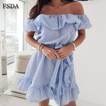 FSDA Plaid Ruffle Dress Off Shoulder Backless Summer Dress Sashes Bow Slash Neck Cotton Beach Casual Women Mini Dress Boho 2024 - buy cheap