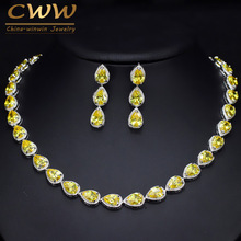 CWWZircons Trendy Dazzling Yellow Water Drop Cubic Zirconia Big Choker Necklace And Earring Set for Bridal Wedding Jewelry T133 2024 - buy cheap