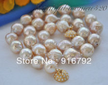 Wholesale free shipping >>>>>Lustre 13mm pink round keshi reborn freshater pearl necklace 17inch 2024 - buy cheap