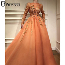 Orange Muslim Evening Dresses Plus Size Scoop Neckline Long Sleeves Evening Gown Lace Beaded Tulle A-Line Formal Party Dress 2024 - buy cheap