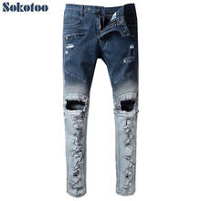 Sokotoo Men's blue patchwork holes ripped biker jeans for motorcycle Casual slim torn stretch denim pants 2024 - buy cheap