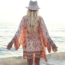 2016 Vintage Women Summer Chiffon Blouse Beach Boho Kimono Cardigan Tau Pattern Long Sleeve Casual Loose Long Beach Cover Up 2024 - buy cheap