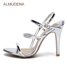 ALMUDENA Prata Criss Cruz Tiras de Couro de Patente Sandálias de Salto Alto Gladiador Sapatos High End Cinta Fivela Sapatos Único 2024 - compre barato