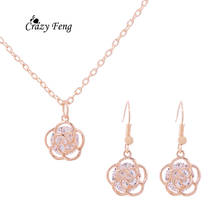 Zircon Inside Rose Shape Pendant Chain Necklace Women Crystal Earrings  Gold-color CZ  Wedding Jewelry Set joyeria 2024 - buy cheap