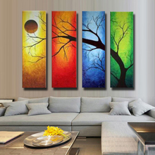 Handpainted 4 Piece Modern Landscape Oil Paintings On Canvas Wall Art Season Tree Pictures For Living Room Home Decorations 2024 - buy cheap