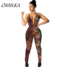 OMILKA Sequin Rompers and Jumpsuits 2018 Autumn Women Halter Backless Bodycon Bandage Colorful Shiny Bling Club Party Overalls 2024 - buy cheap